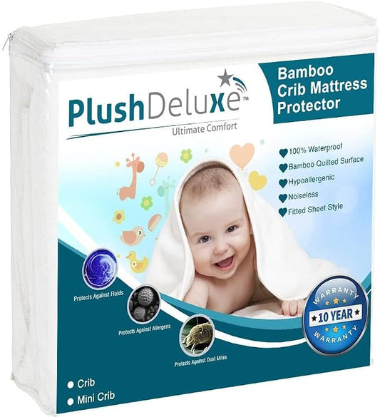 PlushDeluxe Crib Mattress Protector, 28”x49”, 100% Waterproof, Noiseless, Ultra Soft Viscose Made from Bamboo with Quilted Terry Cotton Top, White Fitted Sheet Style Toddler Crib Cover