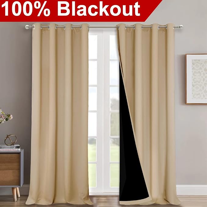 NICETOWN Full Shading Curtains 90 inches Long 2 Panels Set for Windows, Super Heavy-Duty Black Lined Blackout Curtains for Bedroom, Privacy Assured Window Treatment (Biscotti Beige, 52 inches W) | Full Shading Super Heavy-Duty Black Lined Drapes for Li...