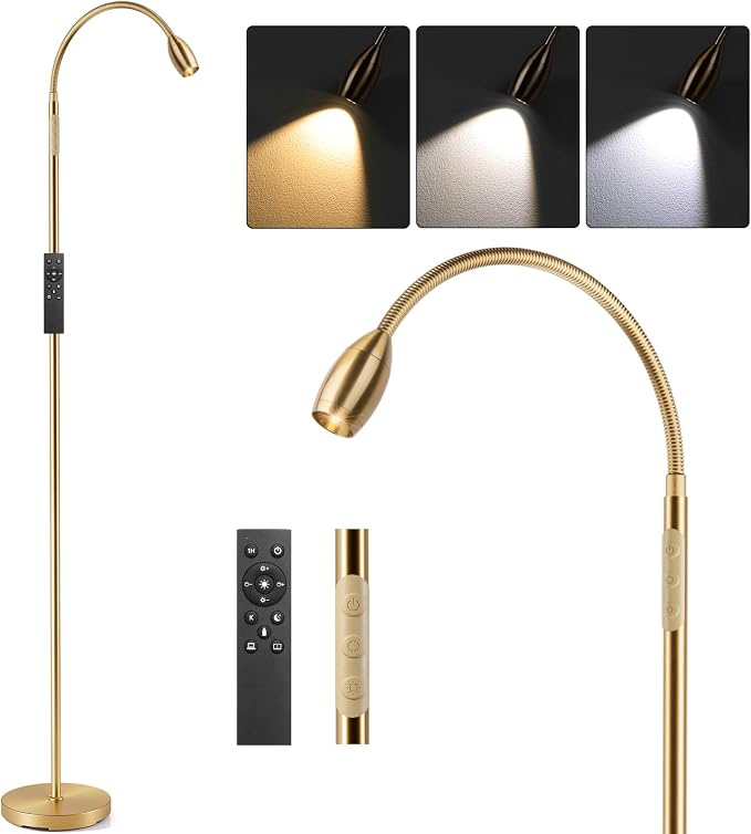 Reading Floor Lamp, 72" LED Dimmable Lamp with Gooseneck,Zoomable Spotlight | Adjustable Color Beam Standing Lamp, Touch & Remote Control, Task Craft, Sewing, Bedroom Living Room, Office, Antique Brass