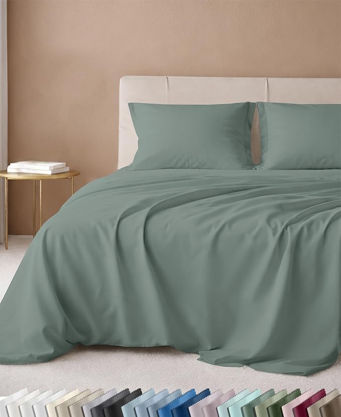 California Design Den Luxury 600 Thread Count Queen Bed Sheets Set | 100% Cotton Sateen Backed by Good Housekeeping Seal, Soft & Smooth, 16" Deep Pocket, Easy Care - Sage Green - Cool Tone