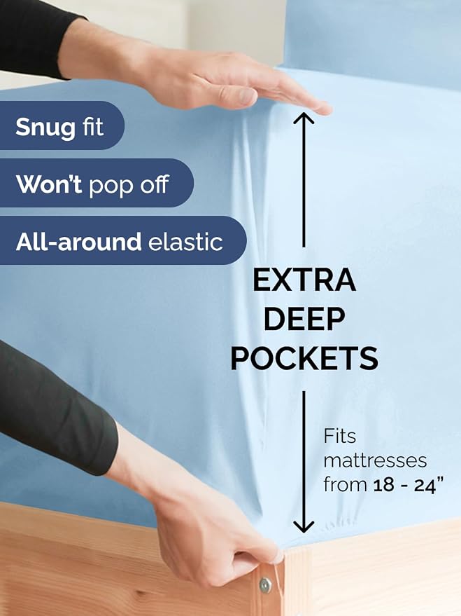 Extra Deep King Sheet Set - 6 Piece Breathable Cooling Sheets - Light Blue | Hotel Luxury Bed Sheets Set, Easy & Secure Fit, Ultra-Soft, Wrinkle & Fade Free, Comfy Sheets Set with Extra Deep Pockets