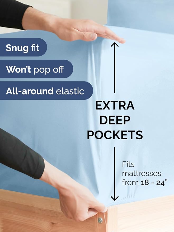 Extra Deep Split King Sheet Set - 7 Piece Breathable & Cooling - Light Blue | Hotel Luxury Bed Sheets Set, Easy & Secure Fit, Ultra-Soft, Wrinkle & Fade Free, Comfy Sheets Set with Extra Deep Pockets