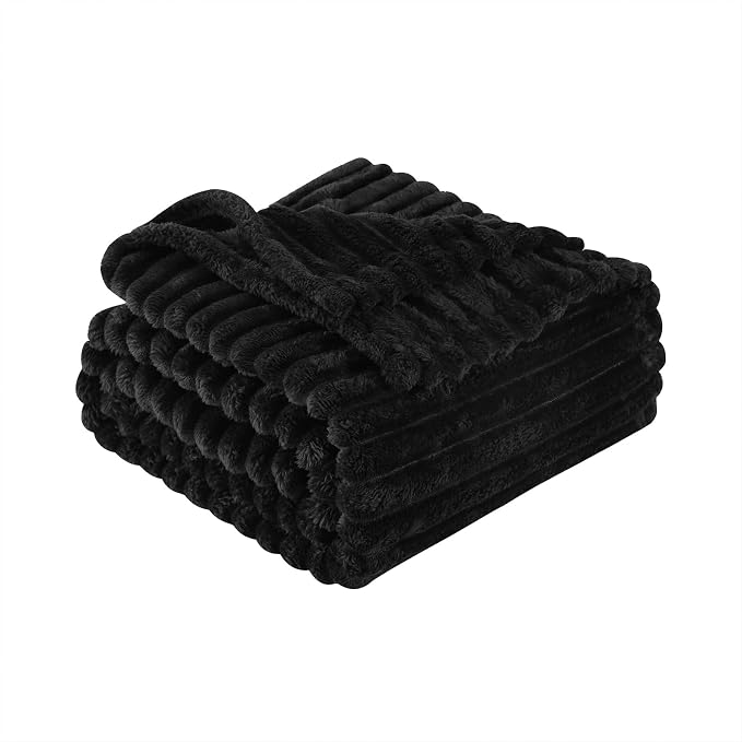 Black Fleece Throw Blanket 90”×90” for Couch Sofa Livingroom | Super Soft Cozy Plush Microfiber Flannel Bed Blanket Striped Design Lightweight Home Decor Gifts for Adults Mom Women