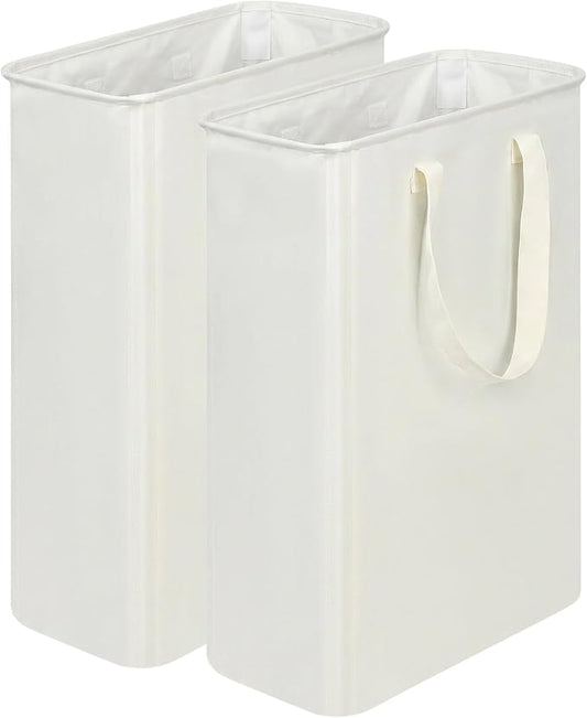 efluky 2 Pack Slim Laundry Basket, Narrow Laundry Hamper with Handles, Collapsible Dirty Clothes Hamper, Tall Laundry Bin for Laundry Room, Dorm and Bedroom, 50L Beige