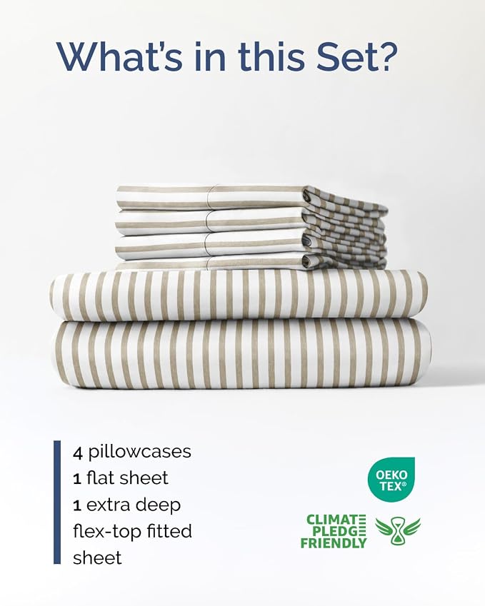Extra Deep Flex Top Split Head King Sheet Set - 6 Piece Breathable and Cooling Sheets - Hotel Luxury Bedding for Women, Men, Kids & Teens - Easy Secure Fit - Extra Deep Pockets - Beige Stripes 2