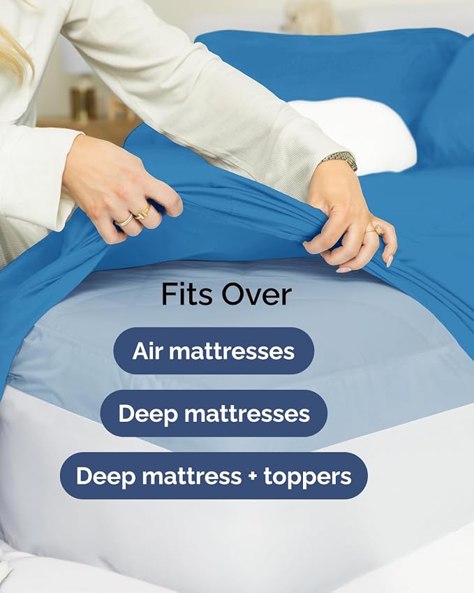 Flex Top Split Head King Sheet Set - 4 Piece Extra Deep Sheets - Denim Blue | Easily Fits 18 to 24 inch Mattress, Ultra Soft, Wrinkle & Fade Free with Extra Deep Pockets, Comfy Hotel Luxury Bedding