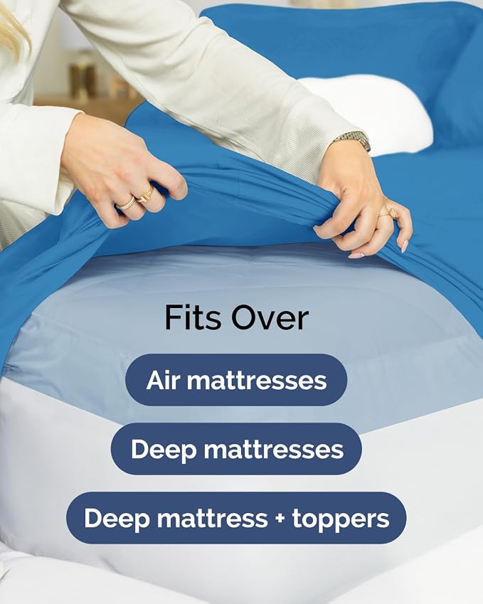 2 Pack Extra Deep Full Fitted Sheets with Extra Deep Pockets - Denim Blue | Hotel Luxury Bottom Fitted Sheets Only, Soft, Fade & Wrinkle Free, Breathable & Comfy, All Around Elastic Fitted Sheets