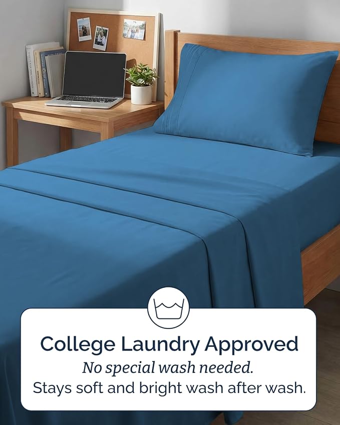 Twin XL 3 Piece Sheet Set - College Dorm Room Essentials - Denim Blue | Deep Pocket Bed Sheets for Women, Men, Teens & Students, Soft, Cooling, Breathable & Wrinkle Free, Oeko-Tex Bed Sheet Set