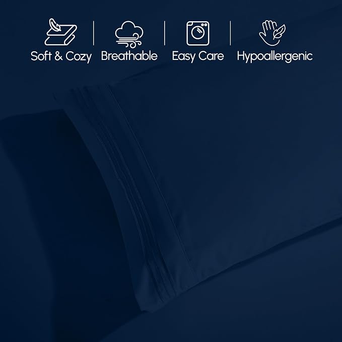 Elegant Comfort Luxurious 1500 Premium Hotel Quality Microfiber Three Line Embroidered Softest 4-Piece Bed Sheet Set, Wrinkle and Fade Resistant, King, Navy Blue