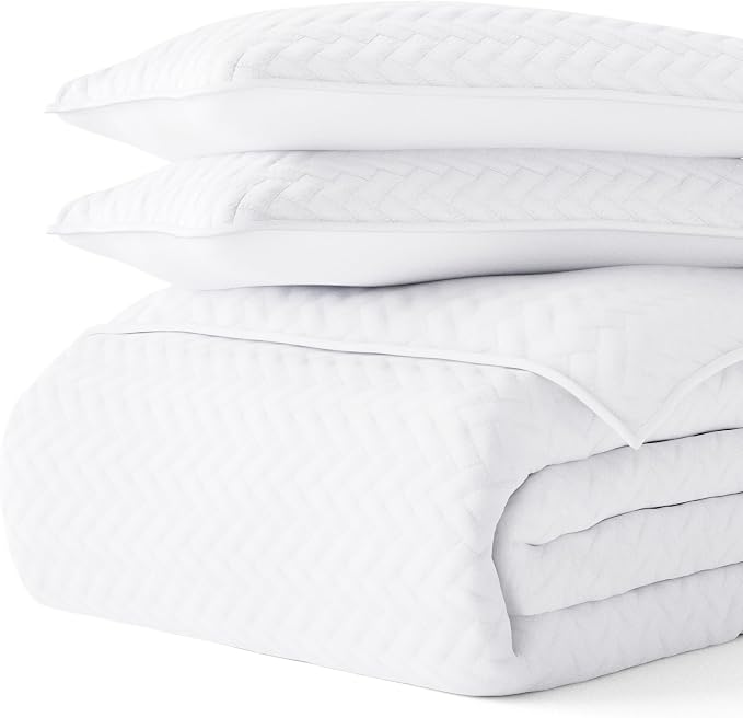 Merit Linens Classic Quilt Coverlet Soft Set in Herringbone Stitching - Full/Queen White