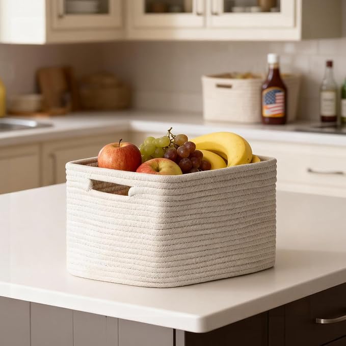5 Pack Woven Storage Baskets, Decorative Storage Bins for Organizing | 13.8'' × 9.8'' × 7.9'', Soft Cotton Rope Basket Organizer for Closet, Shelves, bathroom, Nursery, Toys, Books, Pantry, White
