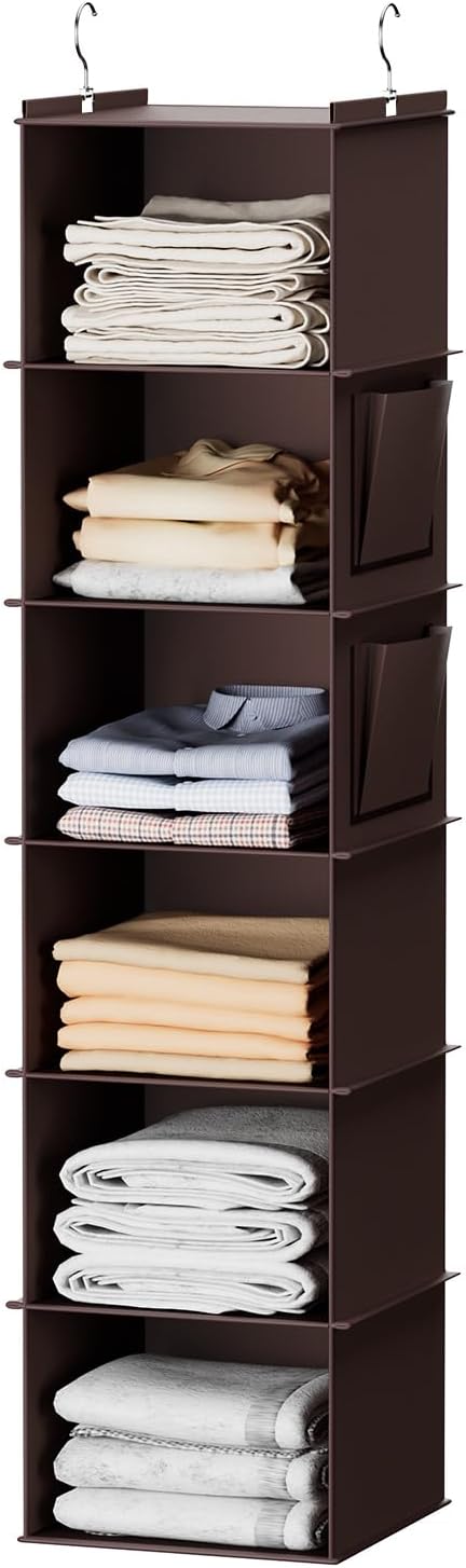 YOUDENOVA Hanging Closet Organizer and Storage, 6-Shelf, Brown | Breathable Fabric, Clothes Organizer with 2 Side Pockets, Hanging Shelves for Closet Storage, Dorm Room Essentials for Guys
