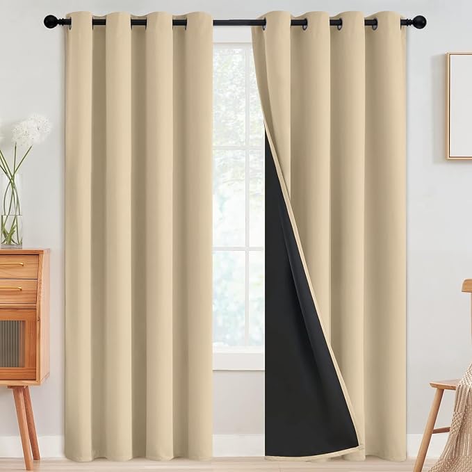 SimpleHome Beige 100% Blackout Curtains Room Darkening Living Room 90 Inch | Curtains for Bedroom,Thermal Insulated Grommet Window Drapes,Curtains for Living Room with Black Back,52 x 90 Inch,2 Panels