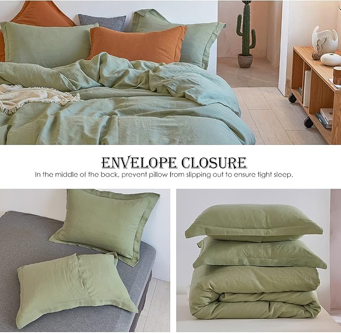 Simple&Opulence 100% Linen Duvet Cover Set 3pcs Basic Style Natural French Washed Flax Solid Color Soft Breathable Farmhouse Bedding with Button Closure - Sage Green, King