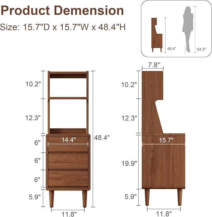 Solid Wood Bookshelf Nightstand Combo, Tall Nightstand with Bookshelf | Walnut Nightstand Bookshelf,Narrow Nightstand with Drawers,Open Shelf Bookcase,for Bedroom,Living Room,Offices
