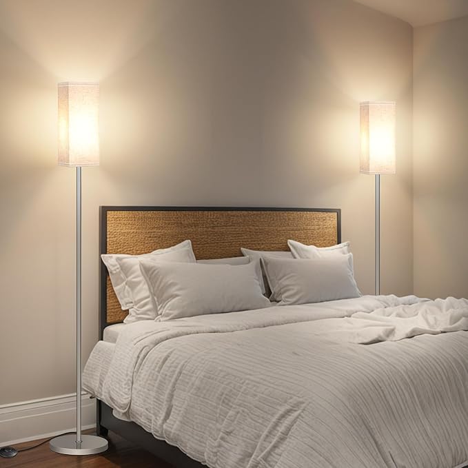 2Pack Floor Lamp, Pole with Foot Switch, Modern Standing Lamp Lamp, Minimalist Freestanding Lamp (Bulb Not Included), for Living Room, Bedroom Office ETL Listed, Silver and Beige SE07LDP205