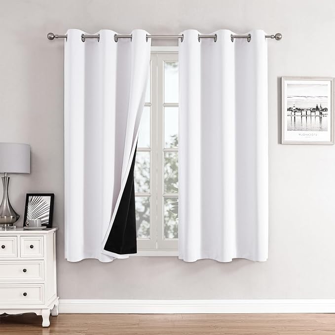 ChrisDowa White 100% Blackout Curtains for Bedroom 63 Inches Long 2 Panels | 2 Thick Layers, Thermal Insulated, Grommet, Window Treatment, Living Room Drapes with Black Liner, Pure White, 38 x 63 Inch