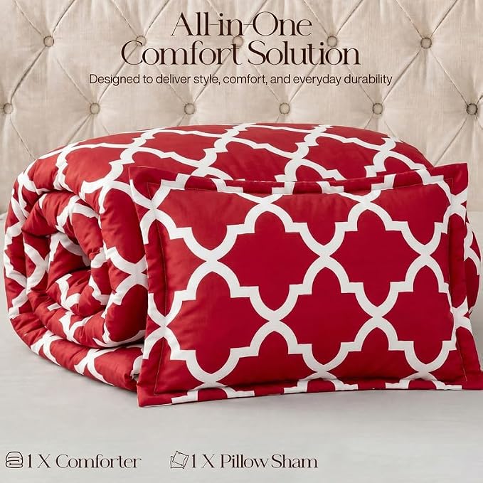 Utopia Bedding 2 Pc Twin Comforter Set, Printed Comforter, Red | Comforter Set Includes Comforter (64x88) Inches, 1 Sham (20x26) Inches. Soft Microfiber Down Alternative, Machine Washable.