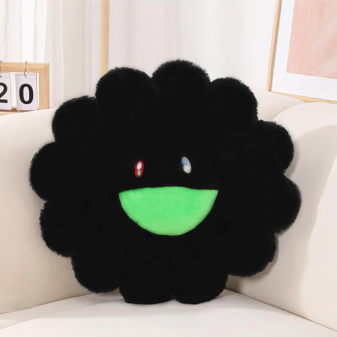 FIONOUT Decorative Flower Pillow, Black Plush Cushion, 15.7 Inch | Modern Flower-shaped Plush Pillow With Soft Filling, Perfect For Bedroom, Couch, Reading Nook and Stylish Home Decor.