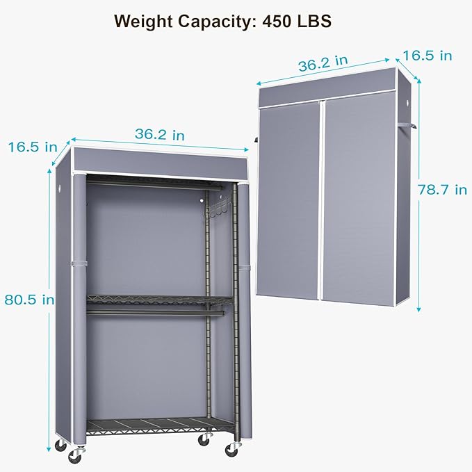 FUTASSI Black Clothing Rack with Grey Cover, P1C Rolling Closets | Metal Garment Rack for Hanging Clothes, Clothing Storage Wardrobe, with Wheels