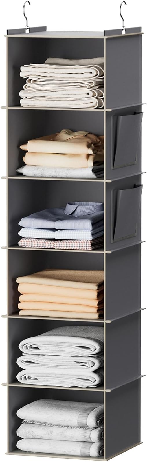 YOUDENOVA Hanging Closet Organizer and Storage, 6-Shelf, Grey | Dorm Room Essentials for Guys, Clothes Organizer with 2 Side Pockets, Hanging Shelves for Closet Storage, Breathable Fabric