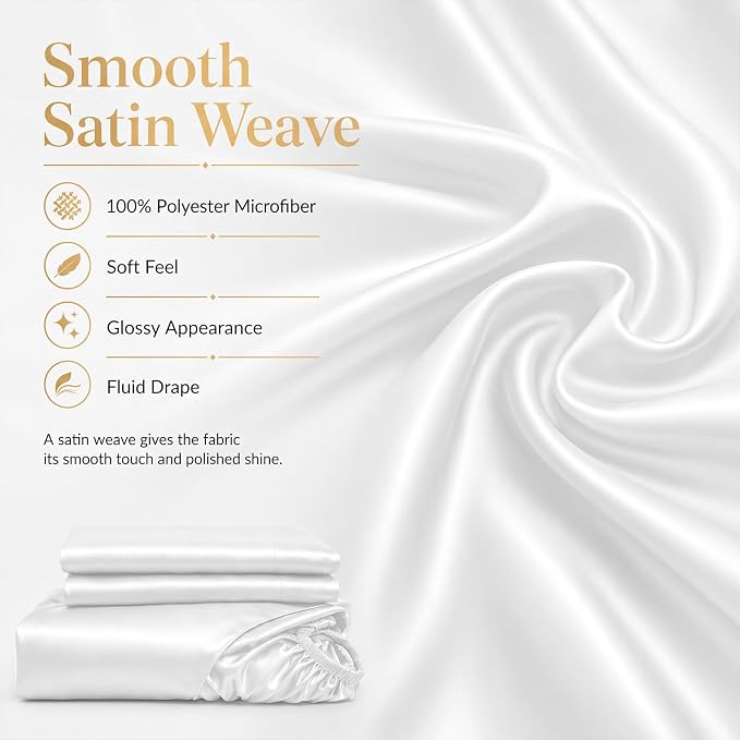 CozyLux Satin Sheets Twin XL, 3-Piece 14-Inch Deep Pocket Sheet Set | OEKO-TEX Certified Silky Soft Sheet Set for Hair & Skin, Luxurious Silky-Smooth Satin for Elegant Bedroom Decor, White