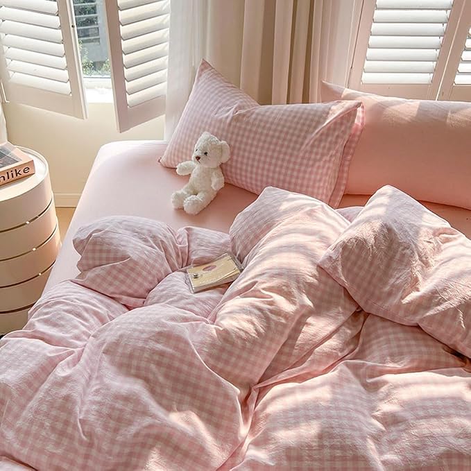 Nayoroom Gingham Duvet Cover Set Oversized King Pink White Plaid Bedding | Soft Breathable Washed Microfiber, All-Season Comfort, Hidden Zipper, 4 Corner Ties, Coquette Modern Farmhouse, Dorm Bedding
