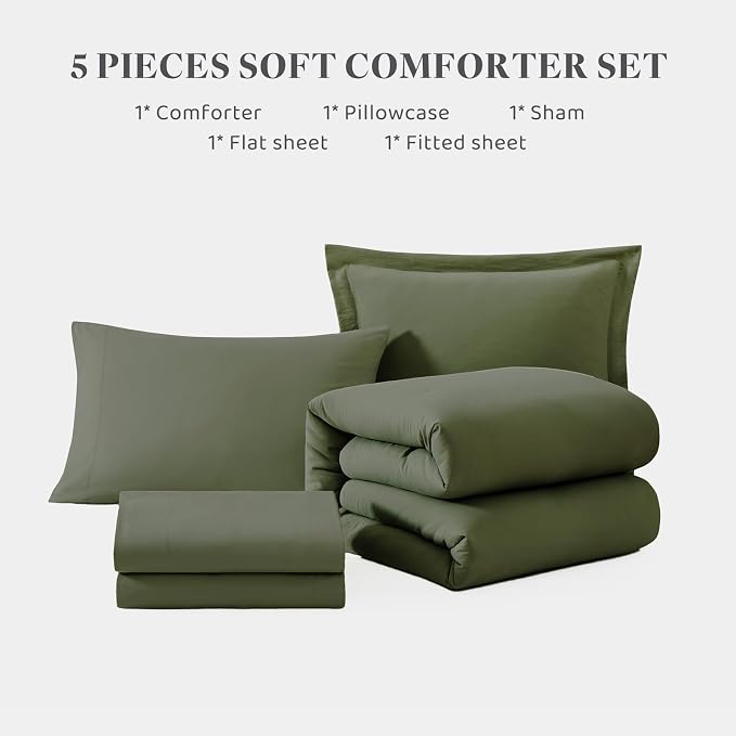 Twin XL Comforter Set- 5 Pieces Olive Green Twin XL Bedding Sets with 1 Fitted Sheet, 1 Flat Sheet, 1 Pillow Sham and 1 Pillowcase