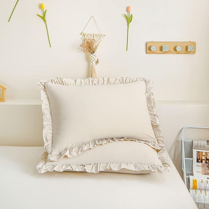 Merryword Beige Pillowcases Standard Ruffled Pillow Shams 20x26inch Beige Gray Ruffle Pillowcases Set of 2 Shabby Chic Pillow Cover