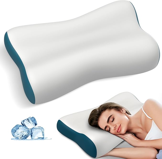 Cervical Neck Pillow for Pain Relief, Contour Memory Foam Pillows Ergonomic Pillow Orthopedic Cooling Pillow Bed Pillow Neck Support for Side Back Stomach Sleepers(Grey&Blue)