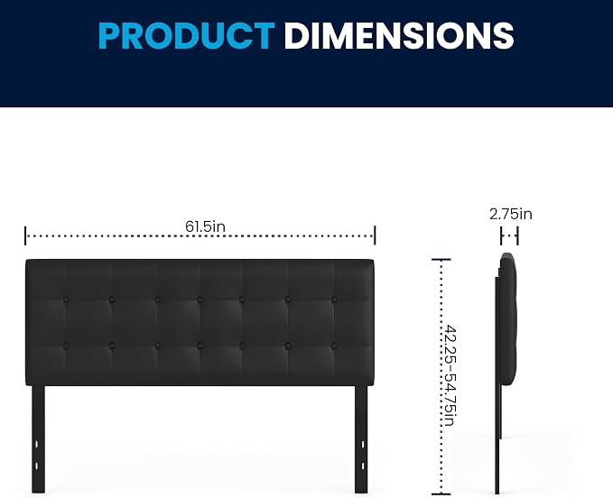 EMMA + OLIVER Black Queen Button Tufted Headboard | Adjustable Bed Rail Slots, Vinyl Upholstered