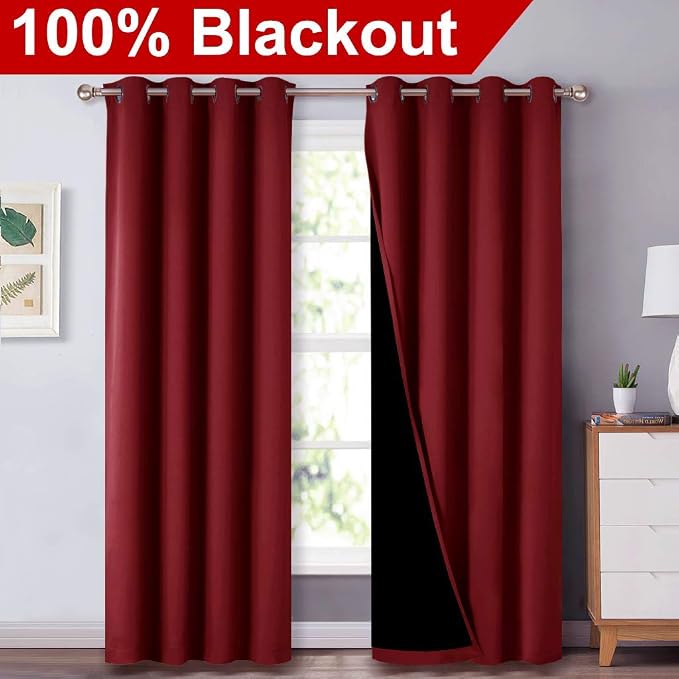 NICETOWN Burgundy Red Blackout Curtains for Living Room 52" x 84" 2 Panels | 100% Blackout Cold Blocking with Black Liner Backing, Thermal Insulated Noise Reducing Drapes Room Darkening Window Treatment