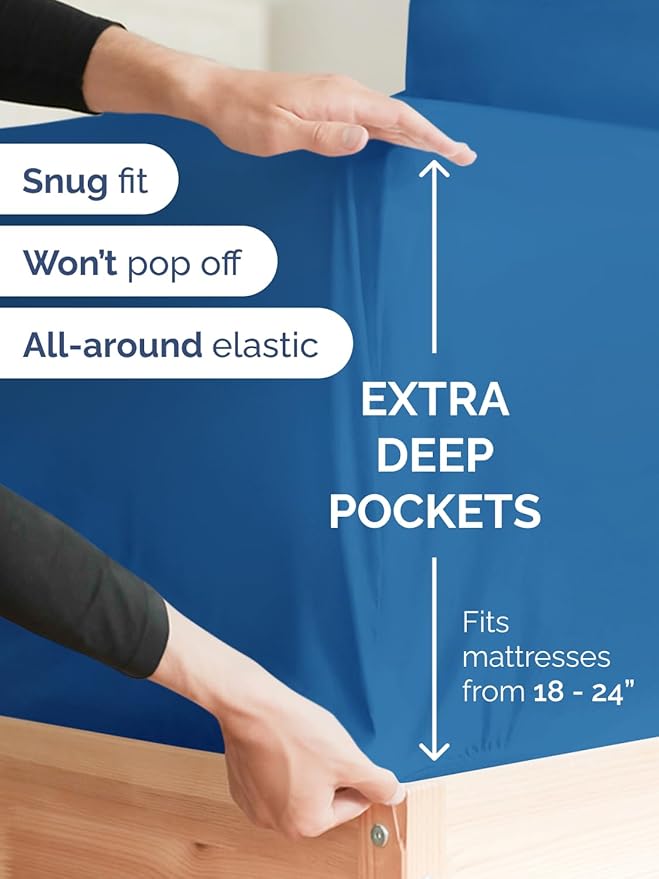 Extra Deep Full Fitted Sheet - Single Fitted Sheet Only - Royal Blue | Easily Fits 18 inch to 24 inch Mattress, Soft, Wrinkle Free, Breathable & Comfy, Extra Deep Pockets Hotel Luxury Fitted Sheet