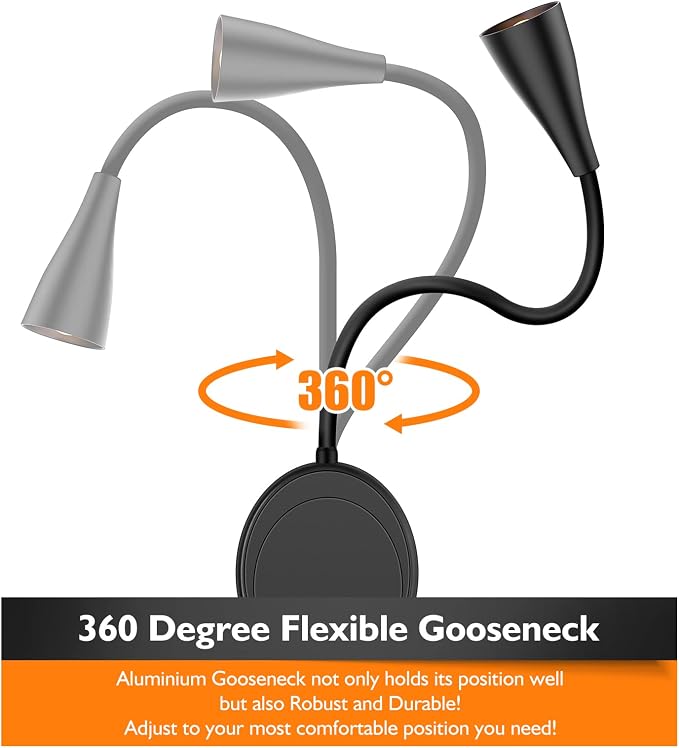 SANKEDOU LED Wall Mount Reading Light, Bedside Reading Lights, 5 Dimmable | Touch Control, USB Output, Night Light & Timers, Flexible Gooseneck Headboard Bed Lights Wall Sconce