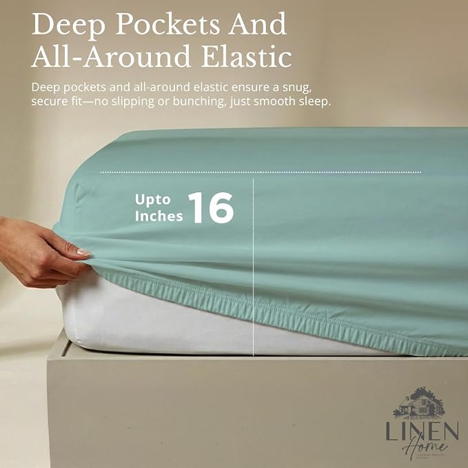 Linen Home 100% Cotton Percale Sheets King Size, Aqua Blue, Deep Pocket, 6 Pieces Set- 1 Flat, 1 Fitted and 4 Pillowcases, Crisp Cool and Long Staple Strong Bed Linen