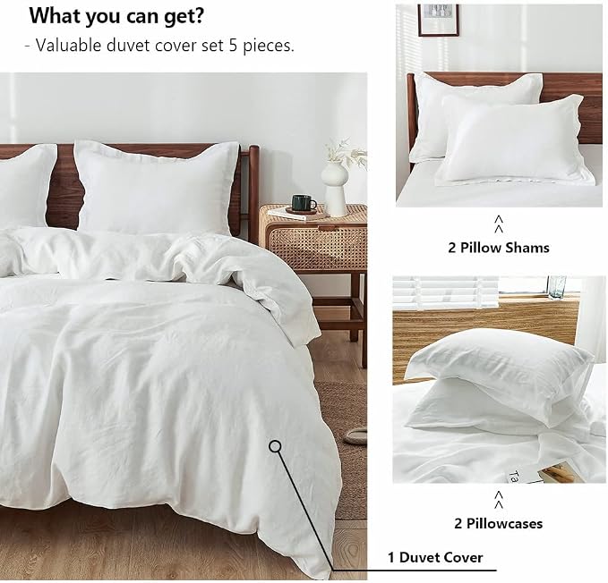 Simple&Opulence 100% Washed Linen Duvet Cover Set 5pcs(1 Duvet Cover& 2 Shams& 2 Pillowcases) Basic Style Natural French Flax Soft Breathable Farmhouse Bedding (King, White)