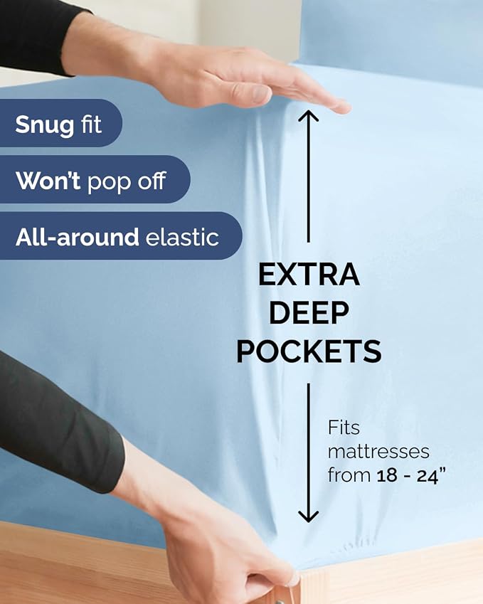 Flex Top Split Head King Sheet Set - 4 Piece Extra Deep Sheets - Light Blue | Easily Fits 18 to 24 inch Mattress, Ultra Soft, Wrinkle & Fade Free with Extra Deep Pockets, Comfy Hotel Luxury Bedding