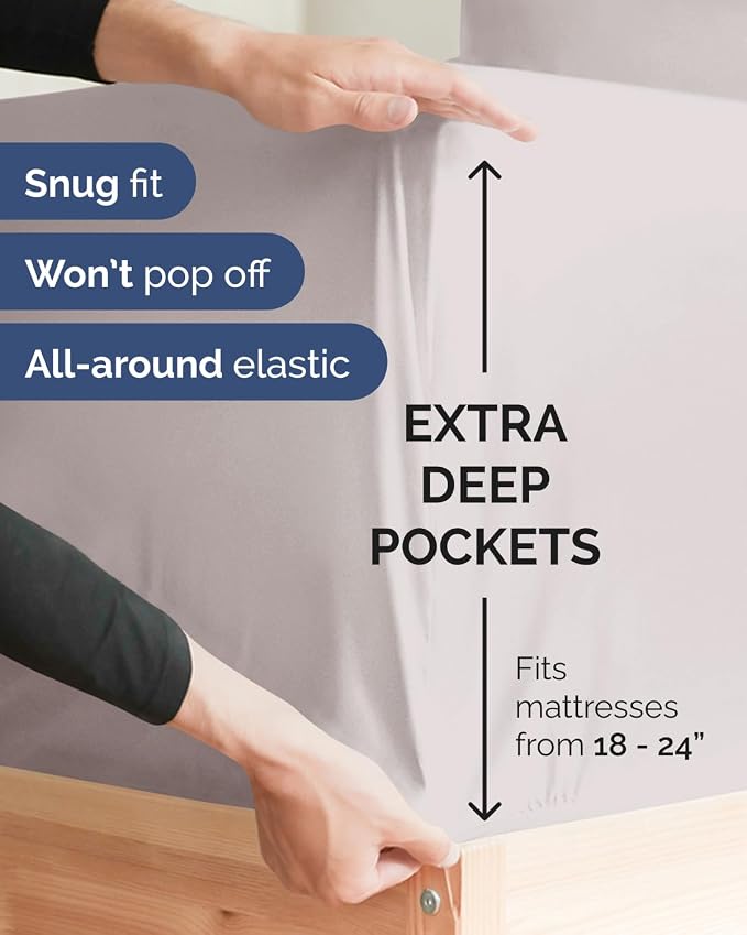 2 Pack Extra Deep Cal King Fitted Sheets with Deep Pockets - Light Grey | Hotel Luxury Bottom Fitted Sheets Only, Soft, Fade & Wrinkle Free, Breathable & Comfy, All Around Elastic Fitted Sheets