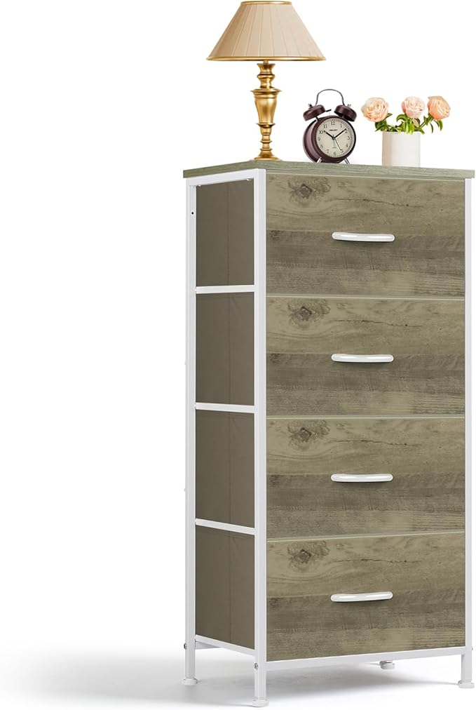 4 Drawers Dresser for Bedroom Fabric Storage Tower with Wooden Top | Steel Frame Tall Chest of Drawers for Closet, Entryway, Dorm, Greige Oak