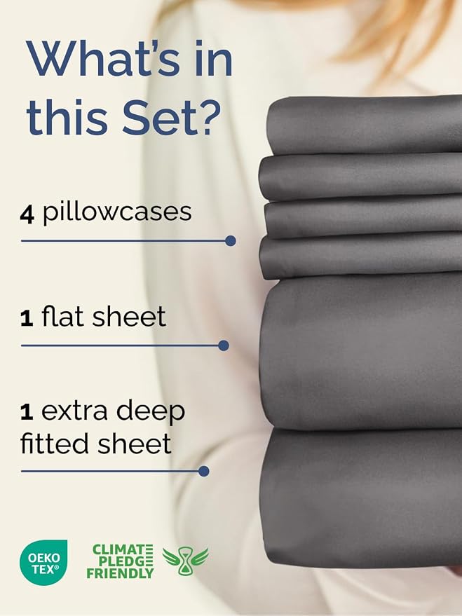 Extra Deep Cal King Sheet Set - 6 Piece Breathable & Cooling Sheets - Grey | Hotel Luxury Bed Sheets Set, Easy & Secure Fit, Ultra-Soft, Wrinkle & Fade Free, Comfy Sheets Set with Extra Deep Pockets