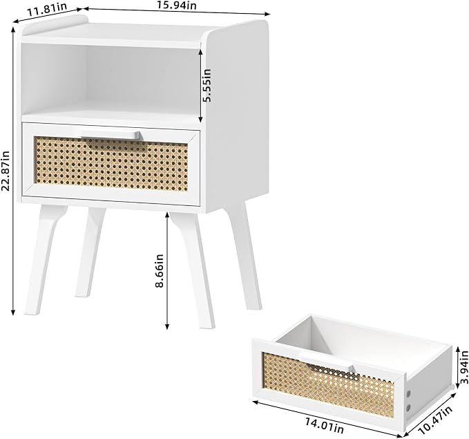 Lerliuo Rattan Nightstands Set of 2, Bedside Table with Drawer Open Shelf | Cane Accent Side End Table with Solid Wood Legs, White Mid Century Night Stand for Bedroom, Dorm and Small Spaces