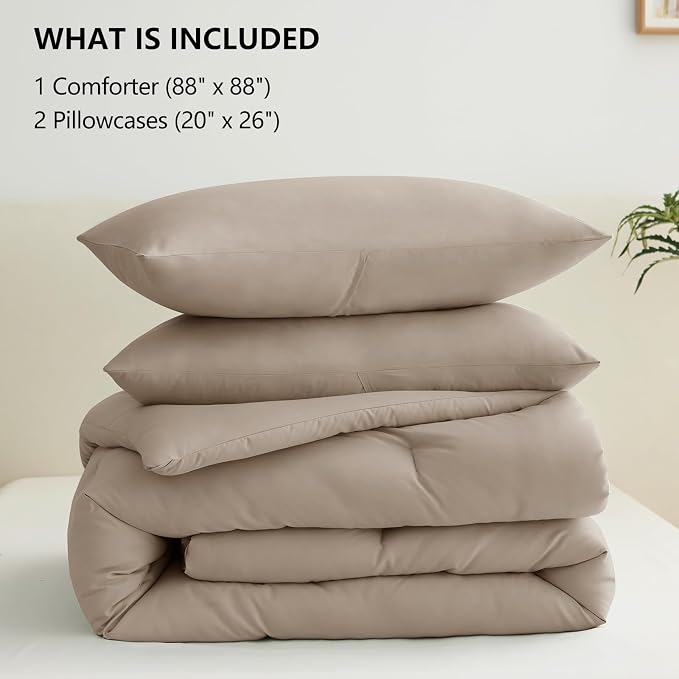 Queen Comforter Set, 3 Pieces Down Alternative Bedding, Khaki | 270 GSM All Season Comforter with 4 Corner Ties for Use as a Duvet Insert, OEKO-TEX Certified, 2 Pillowcases, 88 x 88 in