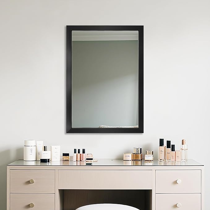 Rectangular Wall Mirror 28x20 Inch Bathroom Mirror for Over Sink, Black | Decorative Wall Mounted Mirror, Hangs Horizontally or Vertically for Vanity, Entryway, Restroom