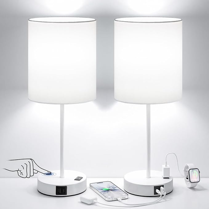 17.6" White Touch Lamps for Bedroom Set of 2 - Dimmable, USB C+A, AC Outlet | Large 17.6" Tall Lamp, 3-Way Dimming, 5000K Daylight Bulbs, White Lampshade White Base, for Living Room, Boys, Men, Girls