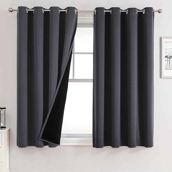 ChrisDowa 100% Blackout Curtains for Bedroom 63 Inches Long 2 Panels Set | 2 Thick Layers, Thermal Insulated, Light Blocking, Grommet, Window Treatment, Living Room Drapes, Dark Grey, 52 x 63 Inch