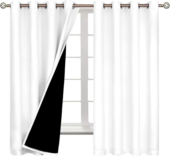 BGment Thermal Insulated 100% Blackout Curtains for Bedroom with Black Liner, Double Layer Full Room Darkening Noise Reducing Grommet Curtain (52 x 63 Inch, Pure White, 2 Panels)