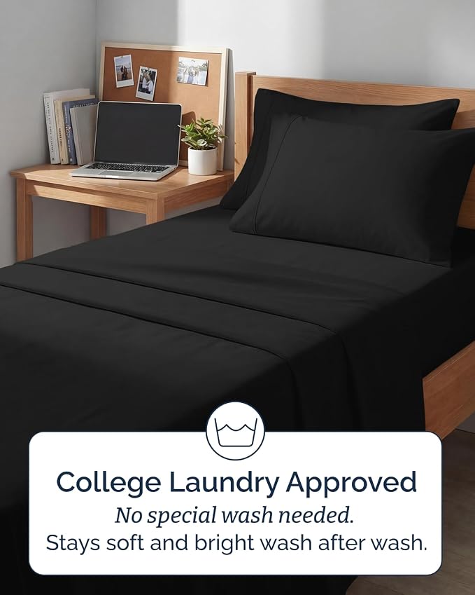 Extra Deep Twin XL Sheet Set - 4 Piece College Dorm Room - Black | College Dorm Room Essentials, Easy & Secure Fit, Ultra-Soft, Wrinkle & Fade Free, Comfy Sheets Set with Extra Deep Pockets