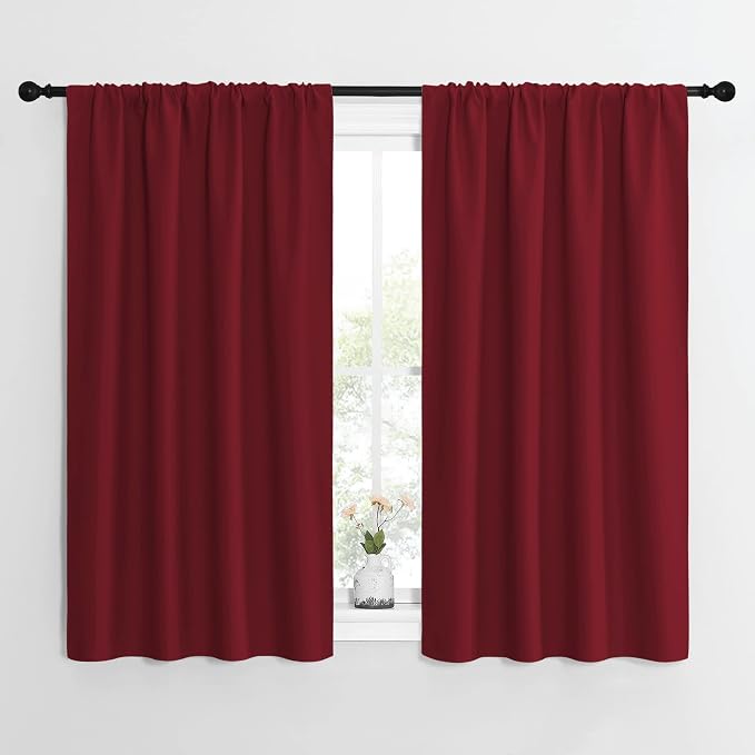 NICETOWN Burgundy Red Blackout Curtains for Loft 42" w x 54" L 2 Panels | Christmas Lights Block Out Window Treatment Short Curtain Sets for Basement Decoration, Light Blocking Noise Reducing Decor