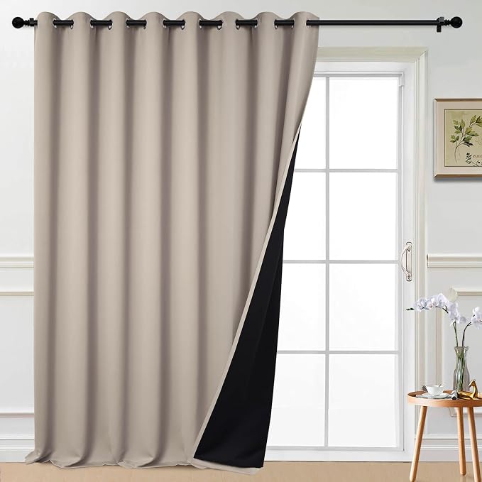 Yakamok Natural 100% Blackout Patio Door Curtain Panels W100 x L108,1 Panel | Noise Reducing Barrier Panel for Sliding Glass Door, 2 Thick Layers Heat Full Light Blocking Patio Door Drapery