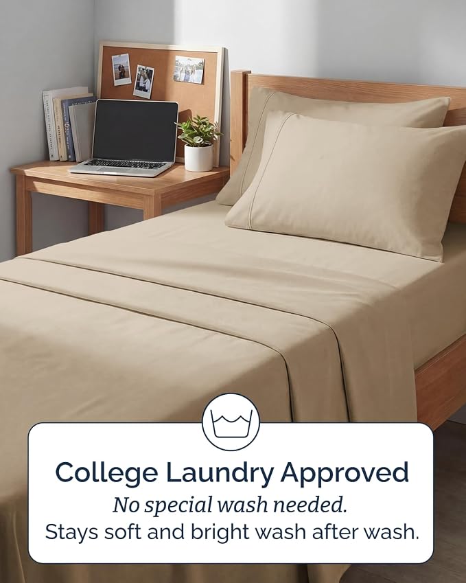 Extra Deep Twin XL Sheet Set - 4 Piece College Dorm Room - Cream | College Dorm Room Essentials, Easy & Secure Fit, Ultra-Soft, Wrinkle & Fade Free, Comfy Sheets Set with Extra Deep Pockets